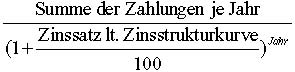 Formel 2: Summe der Zahlungen je Jahr durch 1 + [(Zinssatz laut Zinsstrukturkurve) durch 100)] hoch Jahr