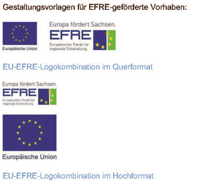 Bild 3: Gestaltungsvorlagen für EFRE-geförderte Vorhaben, Europaflagge und Logo Europa fördert Sachsen EFRE mit Europaflagge im Querformat, im Hochformat